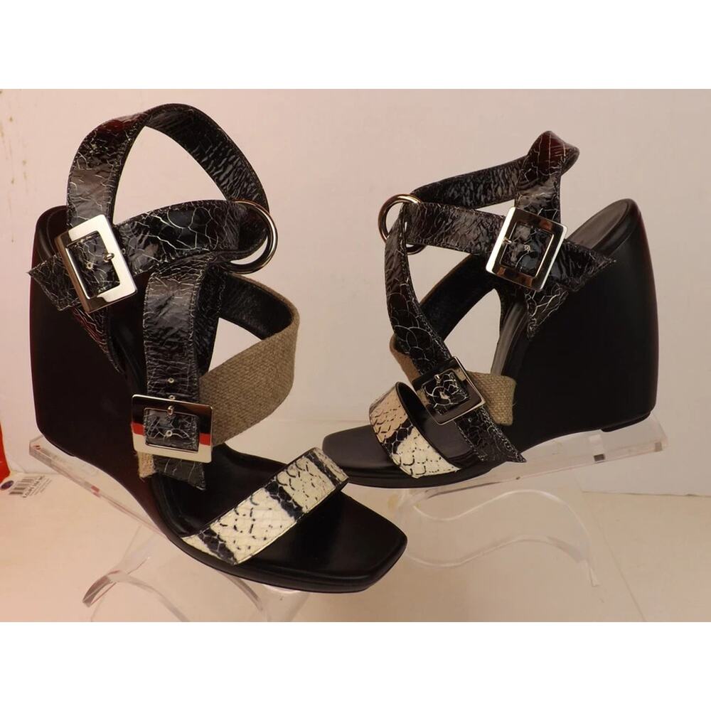 NIB BALENCIAGA BLACK CRACKED SNAKESKIN LEATHER STRAPPY WEDGE SANDALS PUMPS 38 - Picture 6 of 10